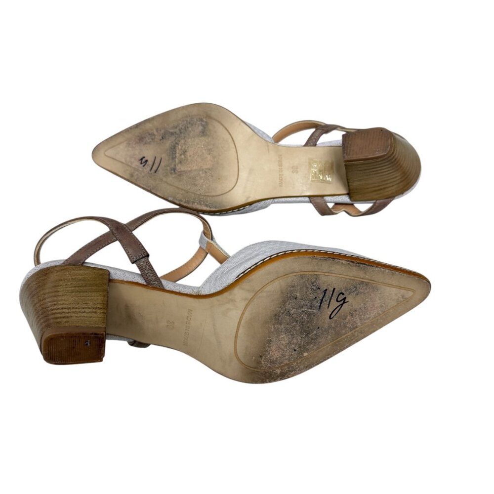 Sundance Taupe/Gray Leather Pointed Toe Stacked Heel T-Strap Shoes Size 39 / 8 - Picture 6 of 8